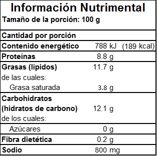 Información Nutrimental de Salchicha Hot Dog 3kg en Monterrey